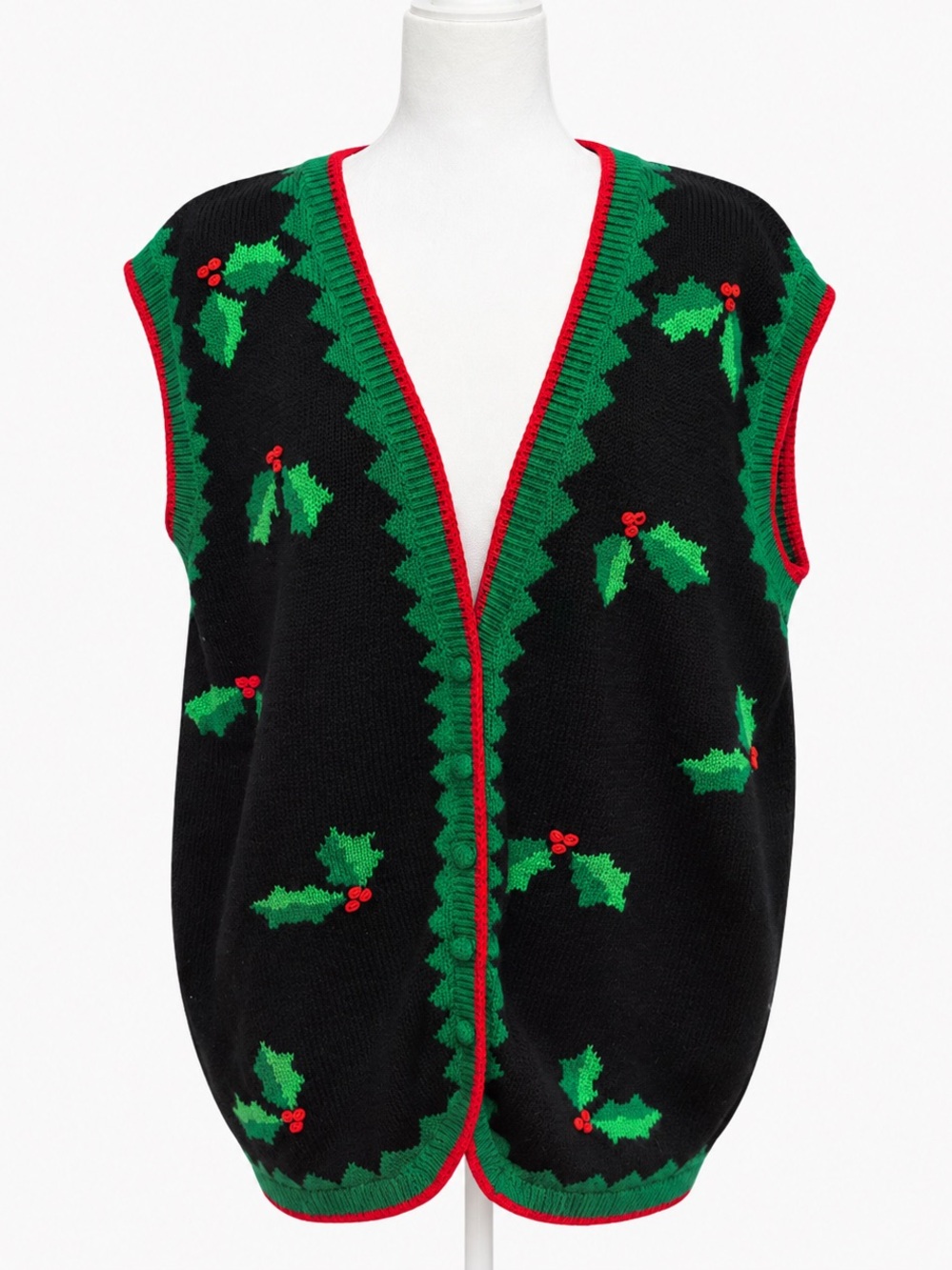 Vintage Bechamel Christmas Holly Sweater Vest Size 1X Black Red Green